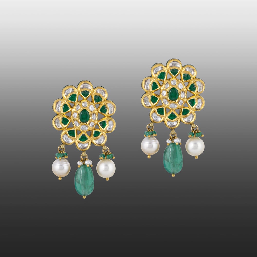 Floral Polki Earrings with Emerald Talaf & Pearl Drops